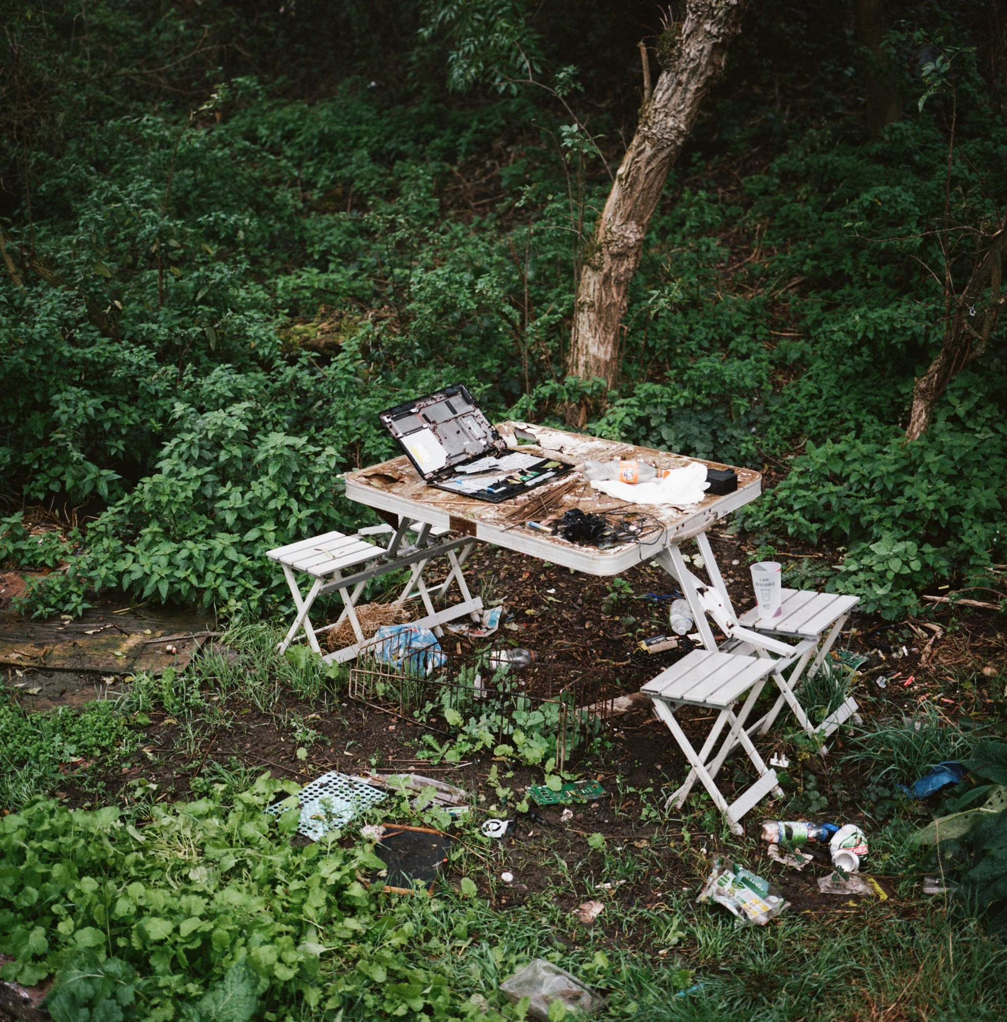 Along the River Lea by Mattia Corato, photographed by Mattia Corato — Tottenham Marshes: a folding table and chairs left in undergrowth.