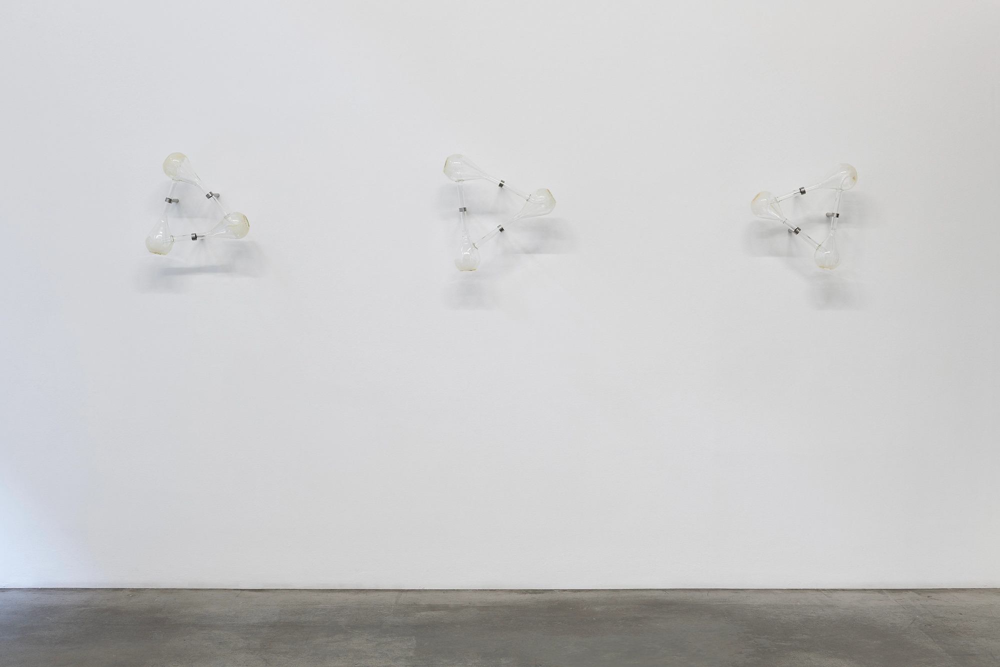 Half-Life of Grace by Jeremy Shaw, photographed by Stefan Korte — Installation view of the first room, three wall-mounted glass sculptures of interconnected Klein bottles spaced along a white wall.