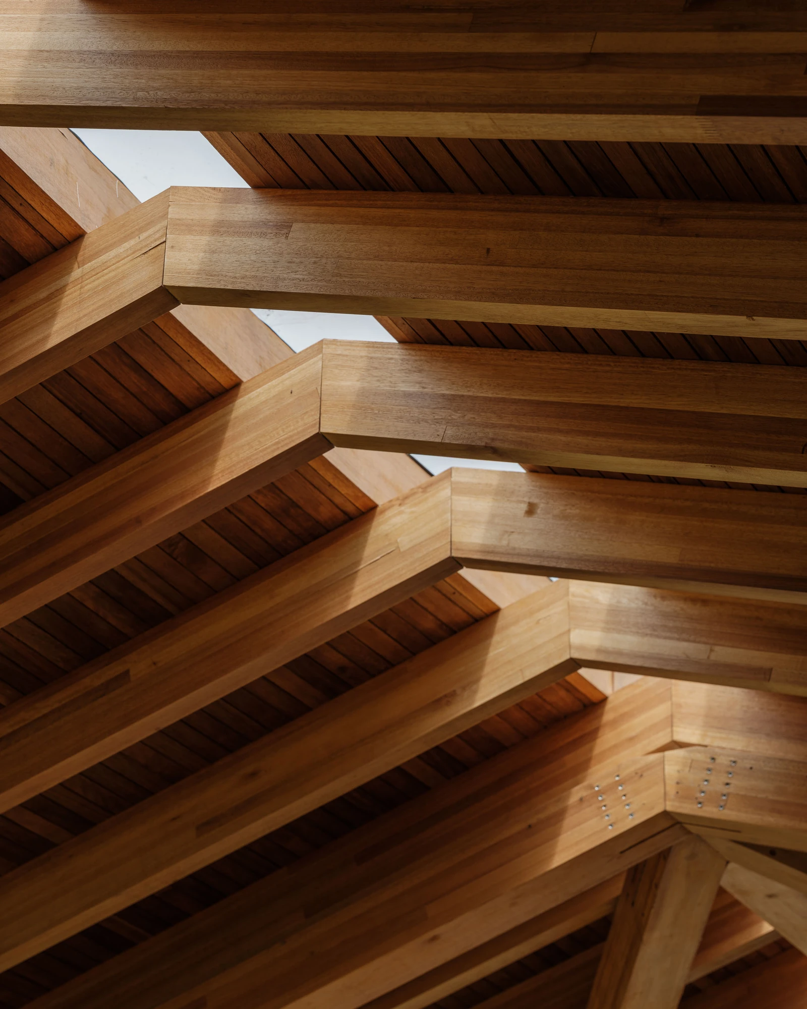 Casa Fazenda Bocaina by Arquipélago Arquitetos + Mariana Caires, photographed by Pedro Kok — Close view of the stacked timber rafters and beams of the roof structure.
