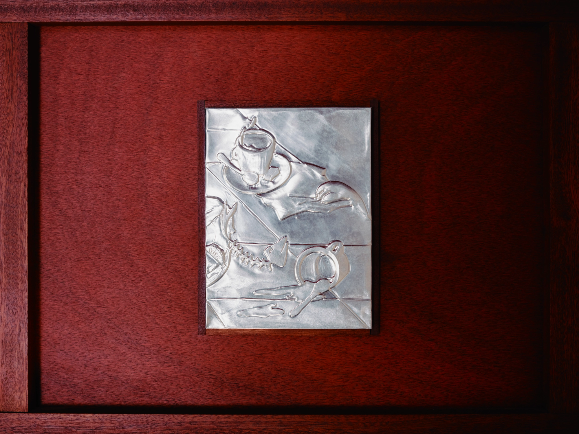 WINONA by Romain Basile Petrot, photographed by Romain Roucoules, Carla Beaujardin — A close view of an aluminium bas-relief panel from Valentine Nitram's fresco.