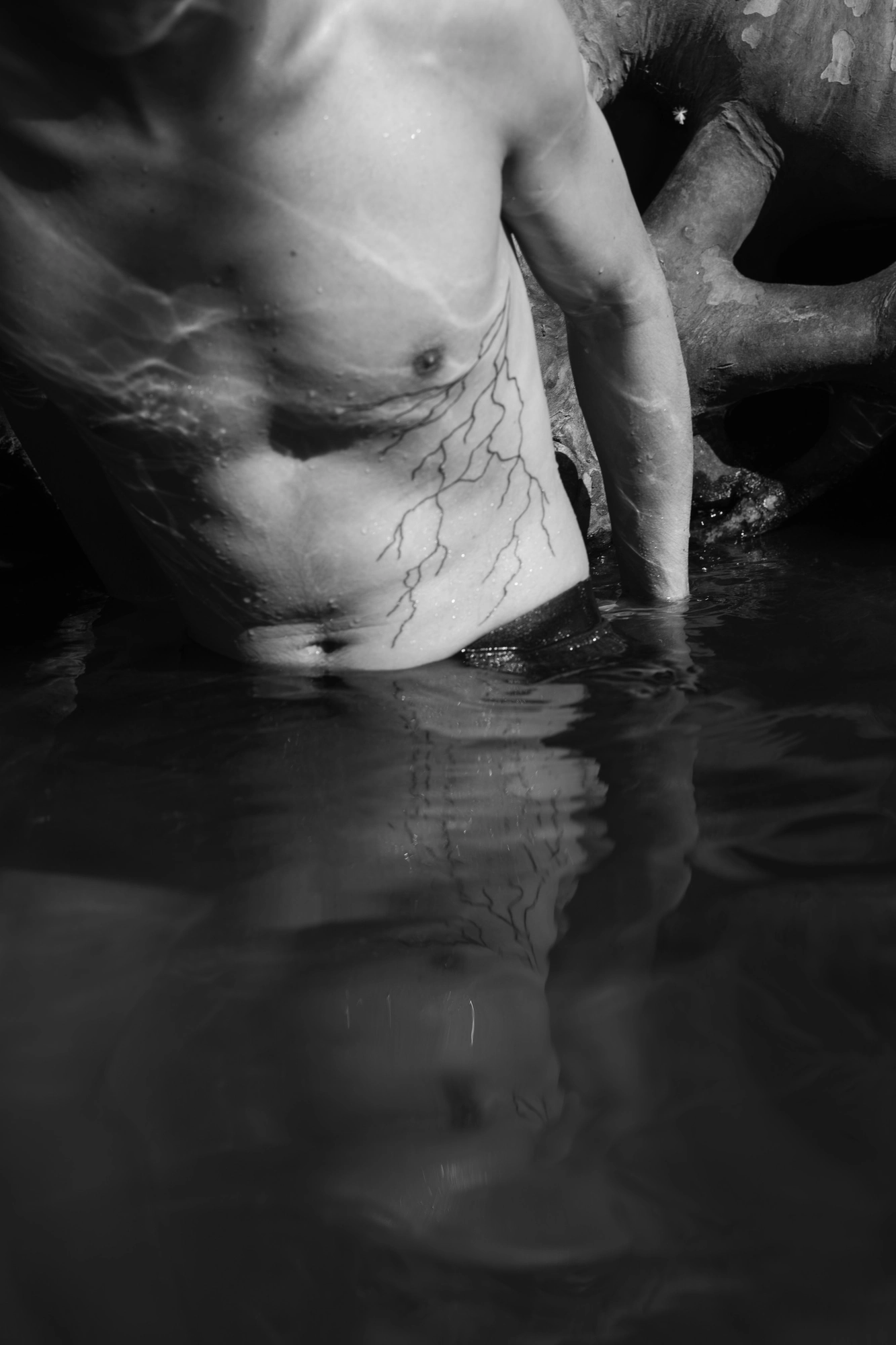 Down by the Hudson by Caleb Stein, photographed by Caleb Stein — Boy with Roots Tattoo, with Roots (2025), a pale torso waist-deep in the water with a branching tattoo down one side and tree roots behind