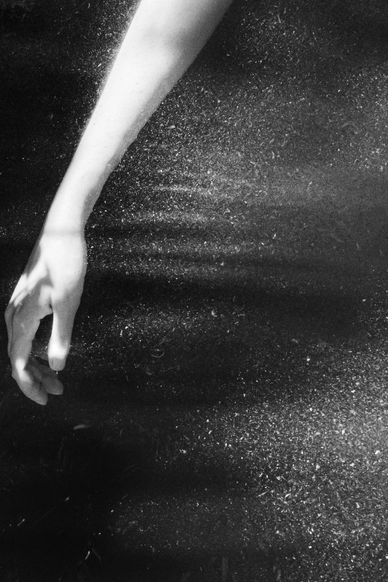 Down by the Hudson by Caleb Stein, photographed by Caleb Stein — Andrea’s Hand with Light Rays (2023), a bare arm reaching down into dark water threaded with shafts of light and drifting particles