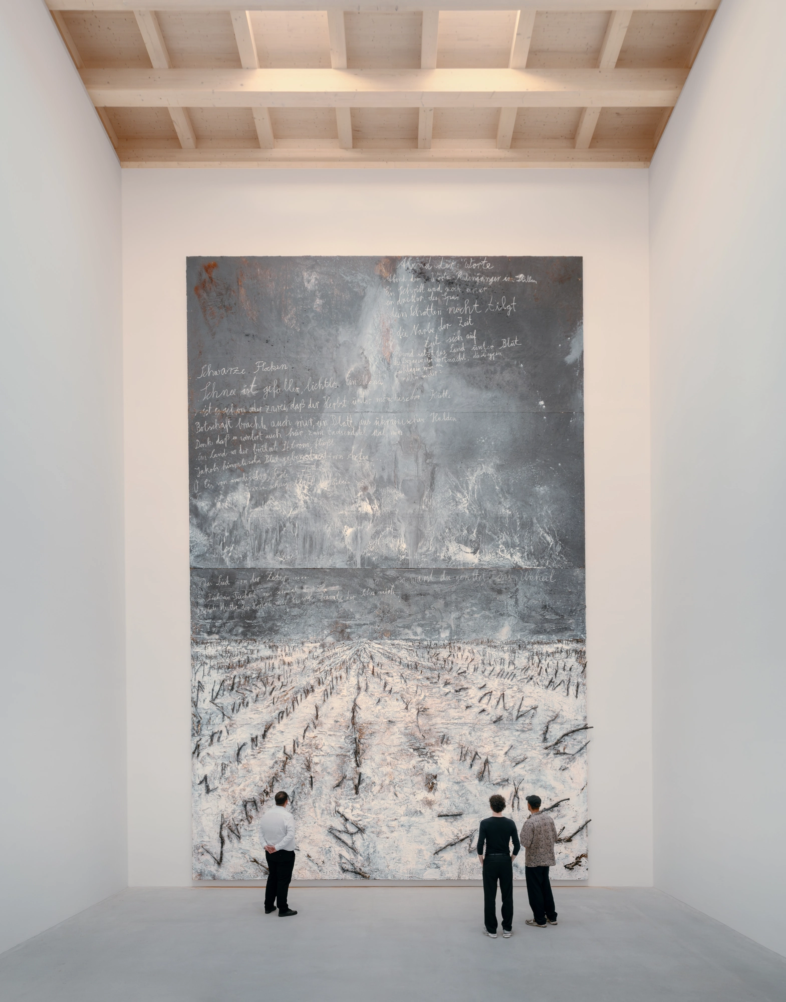 Anselm Kiefer Pavilion by David Chipperfield Architects, photographed by Simon Menges — The full height of the room, with Anselm Kiefer’s Schwarze Flocken, 2007, © Anselm Kiefer, beneath the exposed timber roof beams