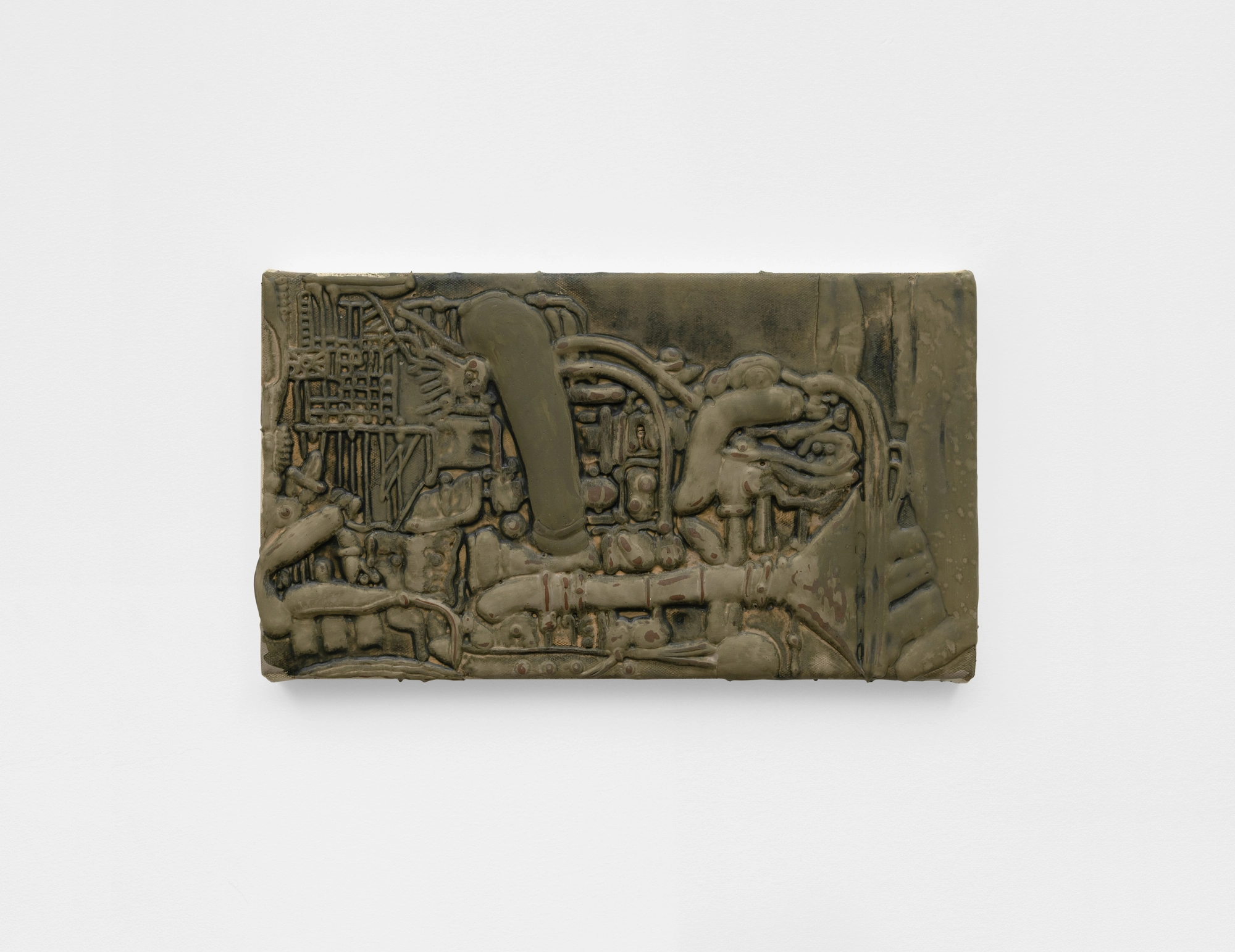 USA Flowers by Michael Assiff — Untitled (Engine), 2026, a small horizontal relief painting of an engine.