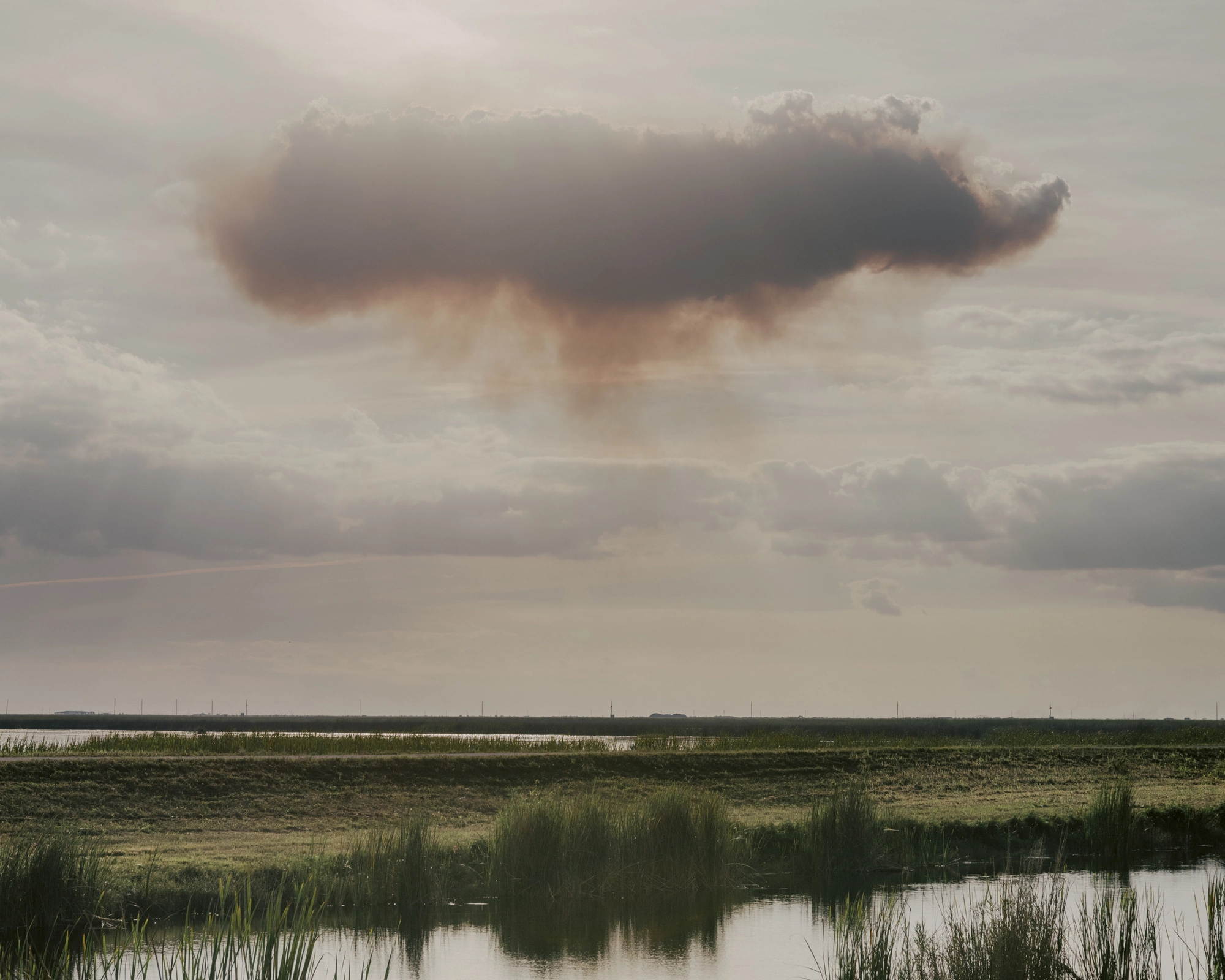 Paradise by Daniel Dorsa, photographed by Daniel Dorsa — A dark cloud hanging above flat wetland and still water.