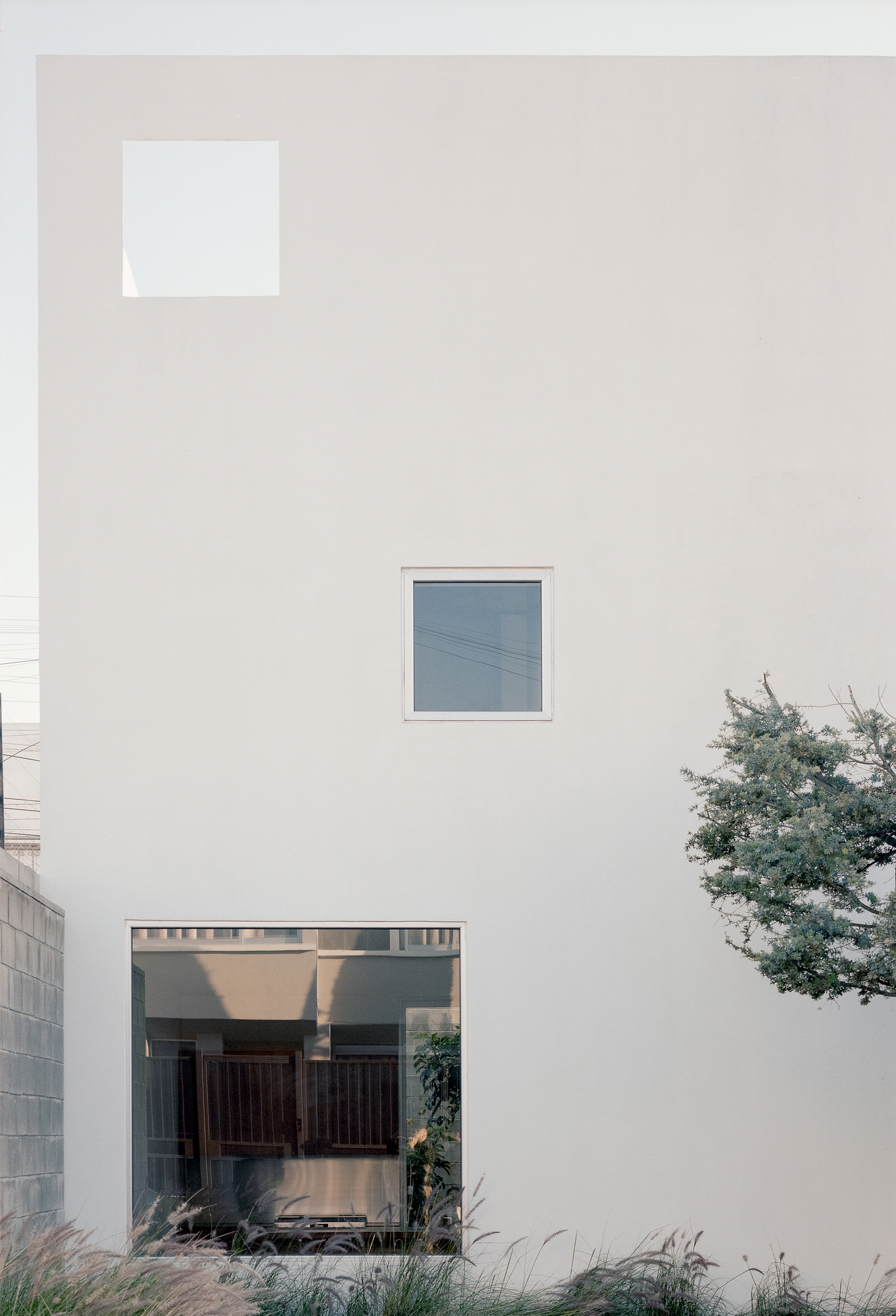 House Within a Cube I by operadora, photographed by Arturo Arrieta — Film photograph of the rendered wall with two square windows, a ground-floor opening below showing the interior, the tree at right and a side wall at left.