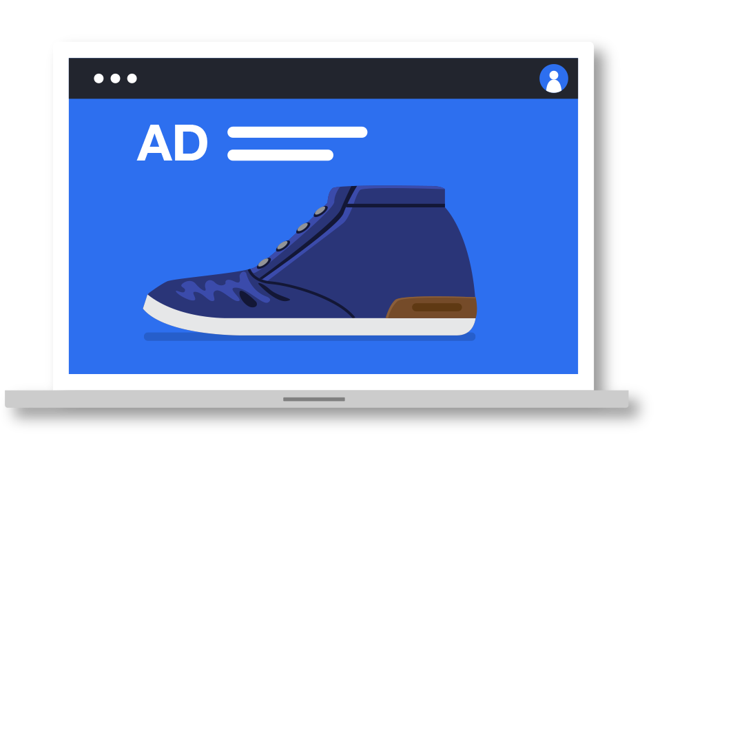 Illustration of a shoe ad on a desktop screen.