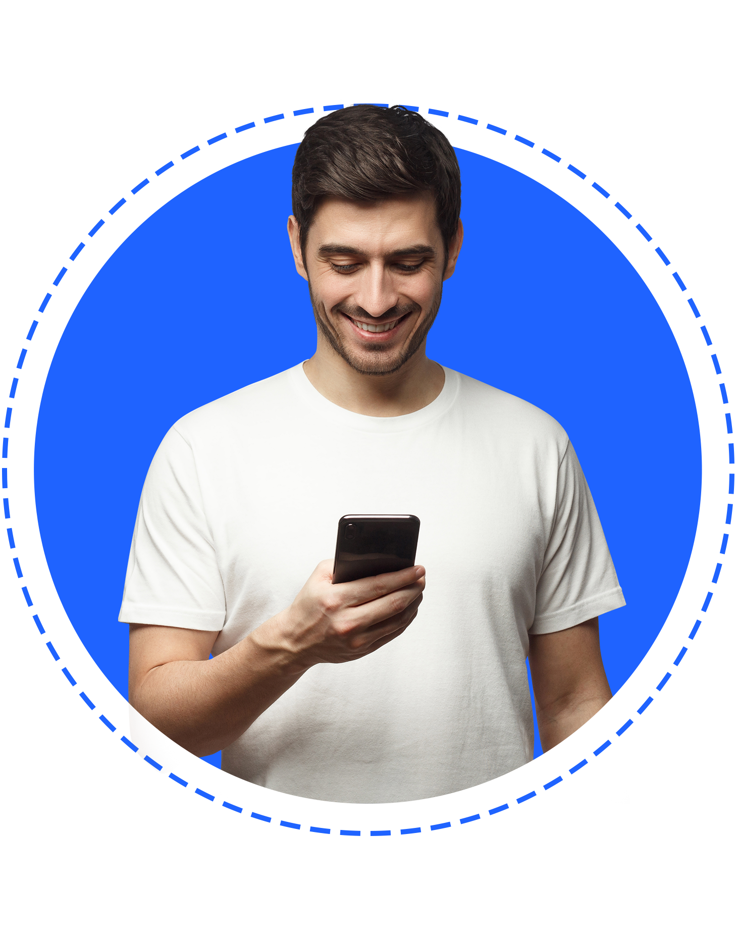 Person holding phone while looking down at it's screen. 