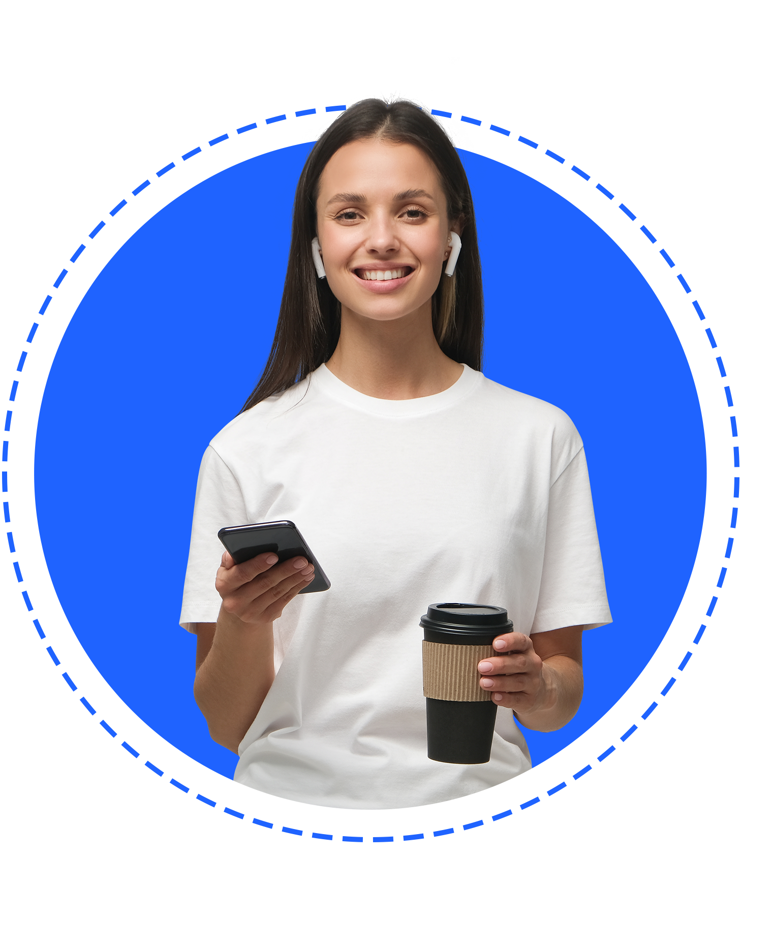 A girl listening to music while holding her phone and a cup of coffee.