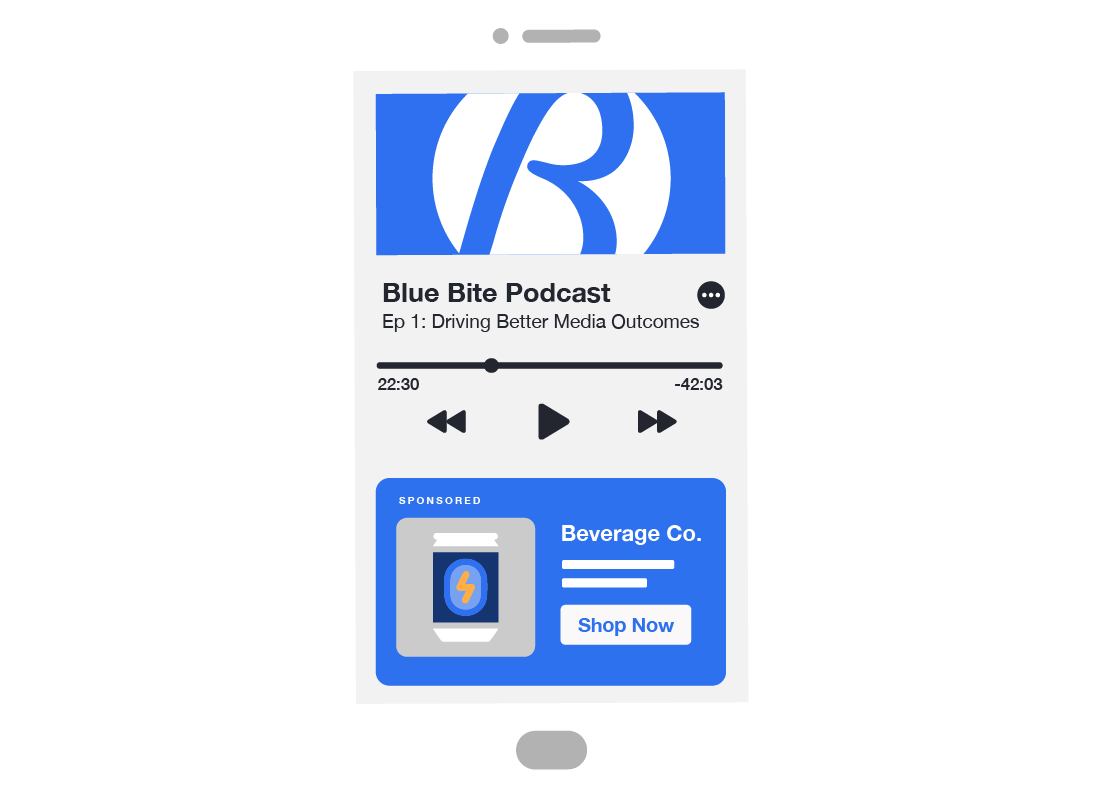 Illustration of an ad being delivered while listening to a podcast on your phone. 