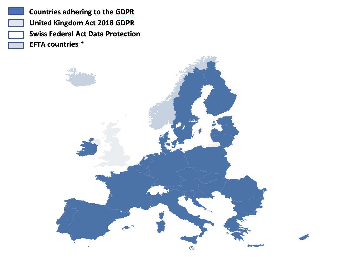 Map of Europe showing countries adhering to GDPR in dark blue, United Kingdom under its 2018 GDPR Act in light gray, Swiss Federal Act Data Protection in white, and EFTA countries in gray.