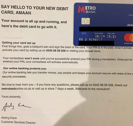 metro small business bank letter and card