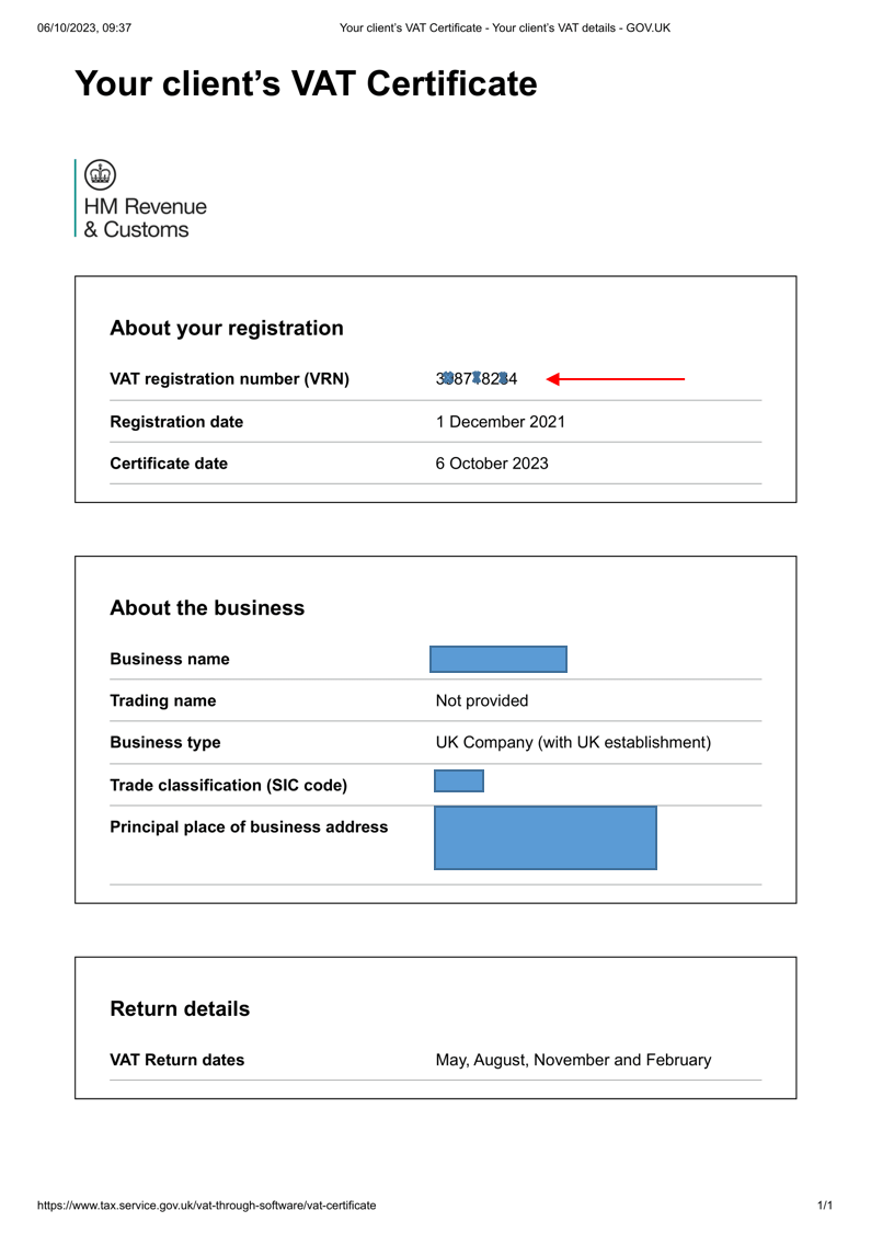 VAT registration number on VAT certificate