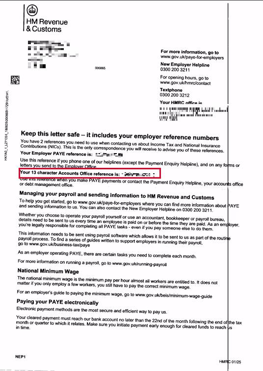 accounts office reference number in an HMRC PAYE reference document