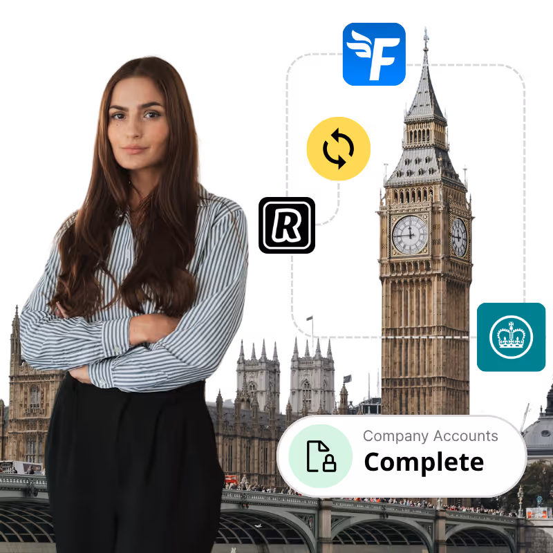 Accountant standing close to houses of parliament in London with symbols for freeagent, HMRC and company accounts complete notification