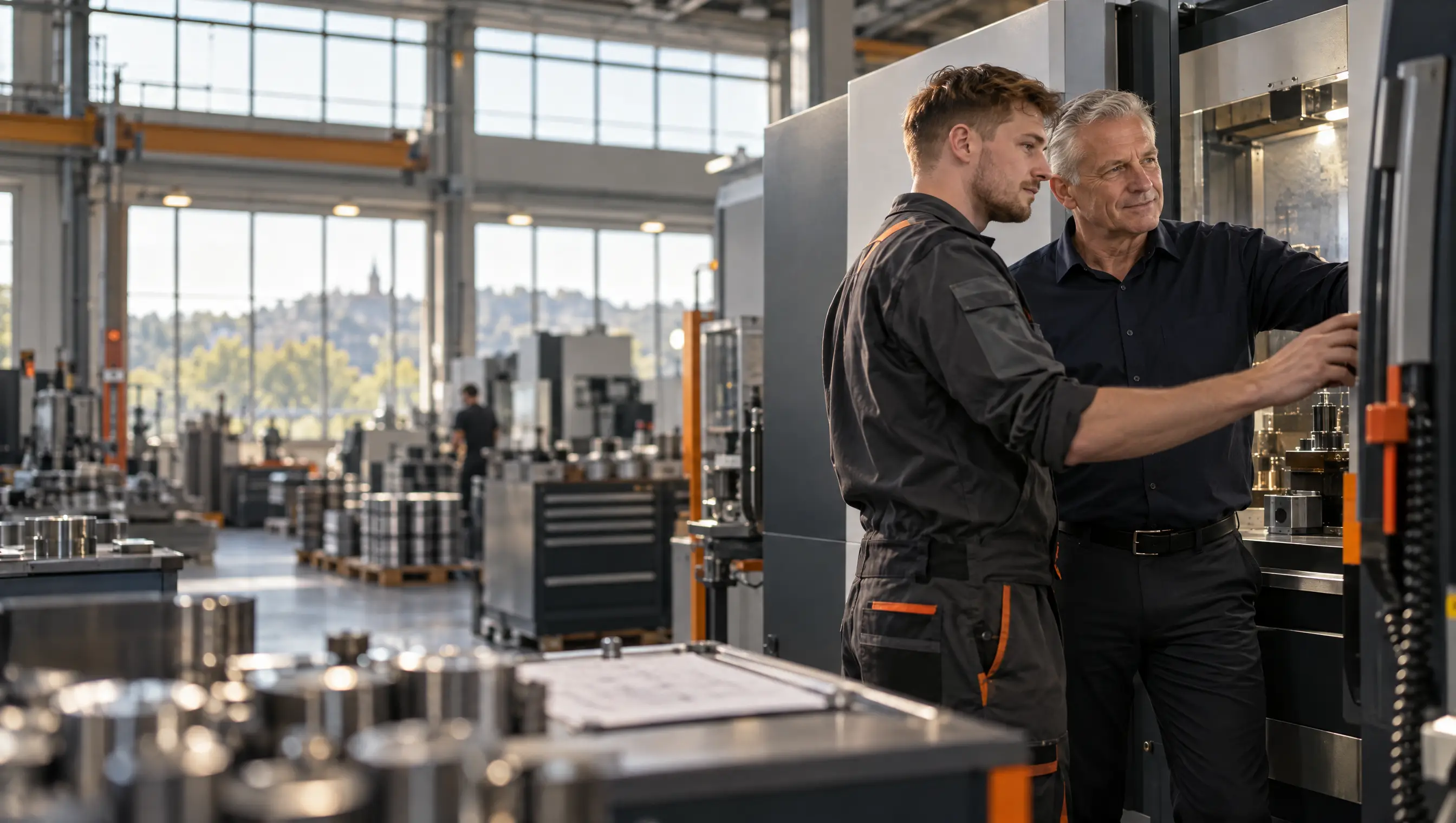 Geschäftsführer und junge Fachkraft an einer CNC-Maschine in einer modernen Produktionshalle