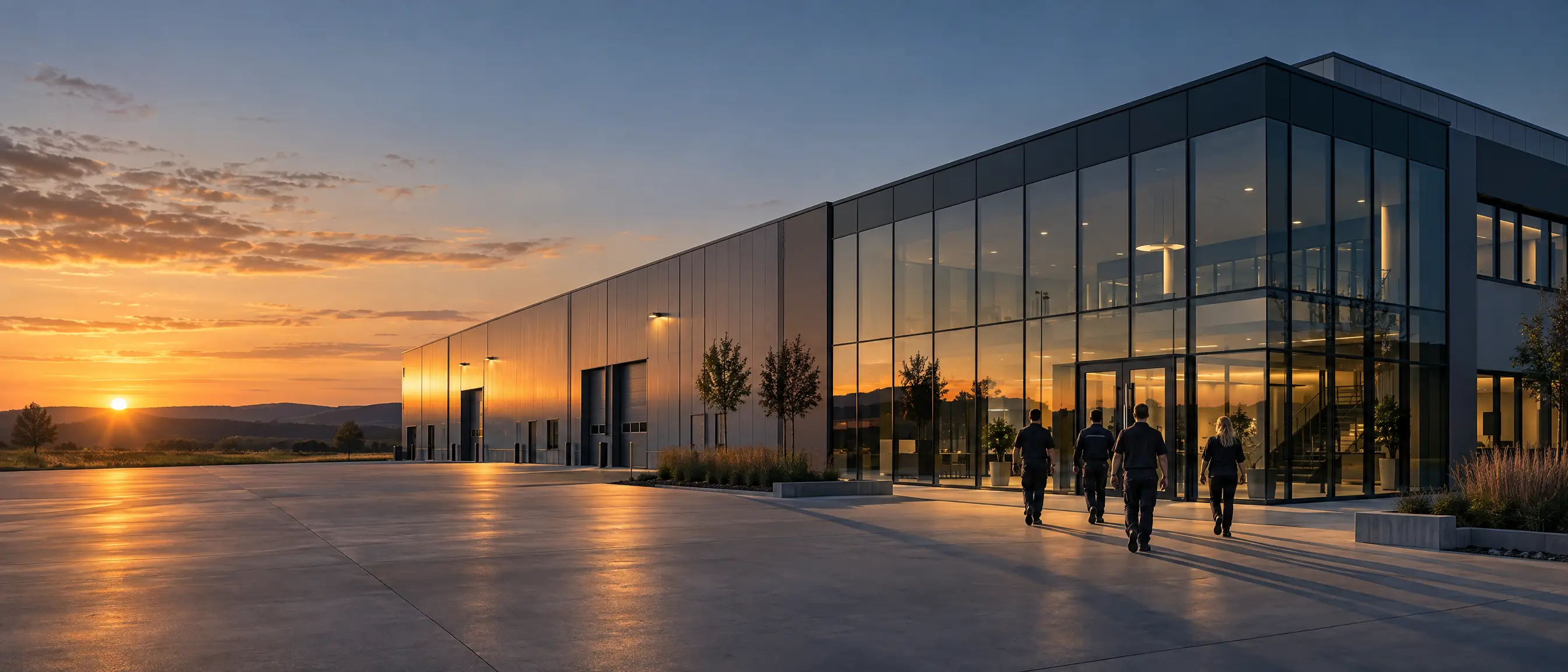 Moderne Produktionshalle eines Mittelständlers bei Sonnenuntergang