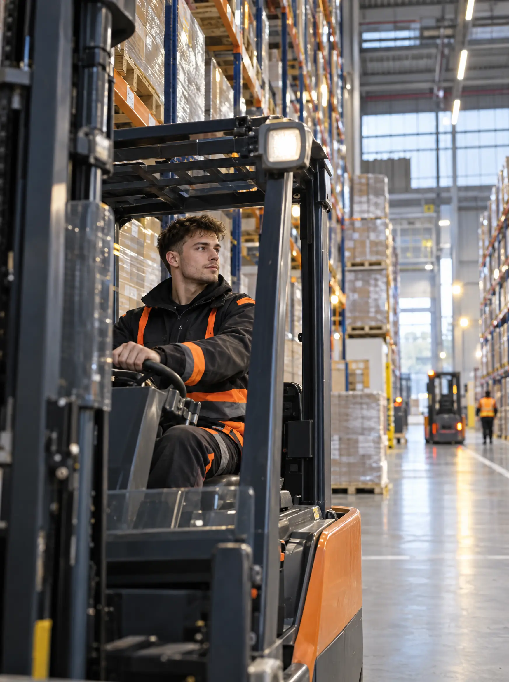 Logistikmitarbeiter mit Gabelstapler im Hochregallager