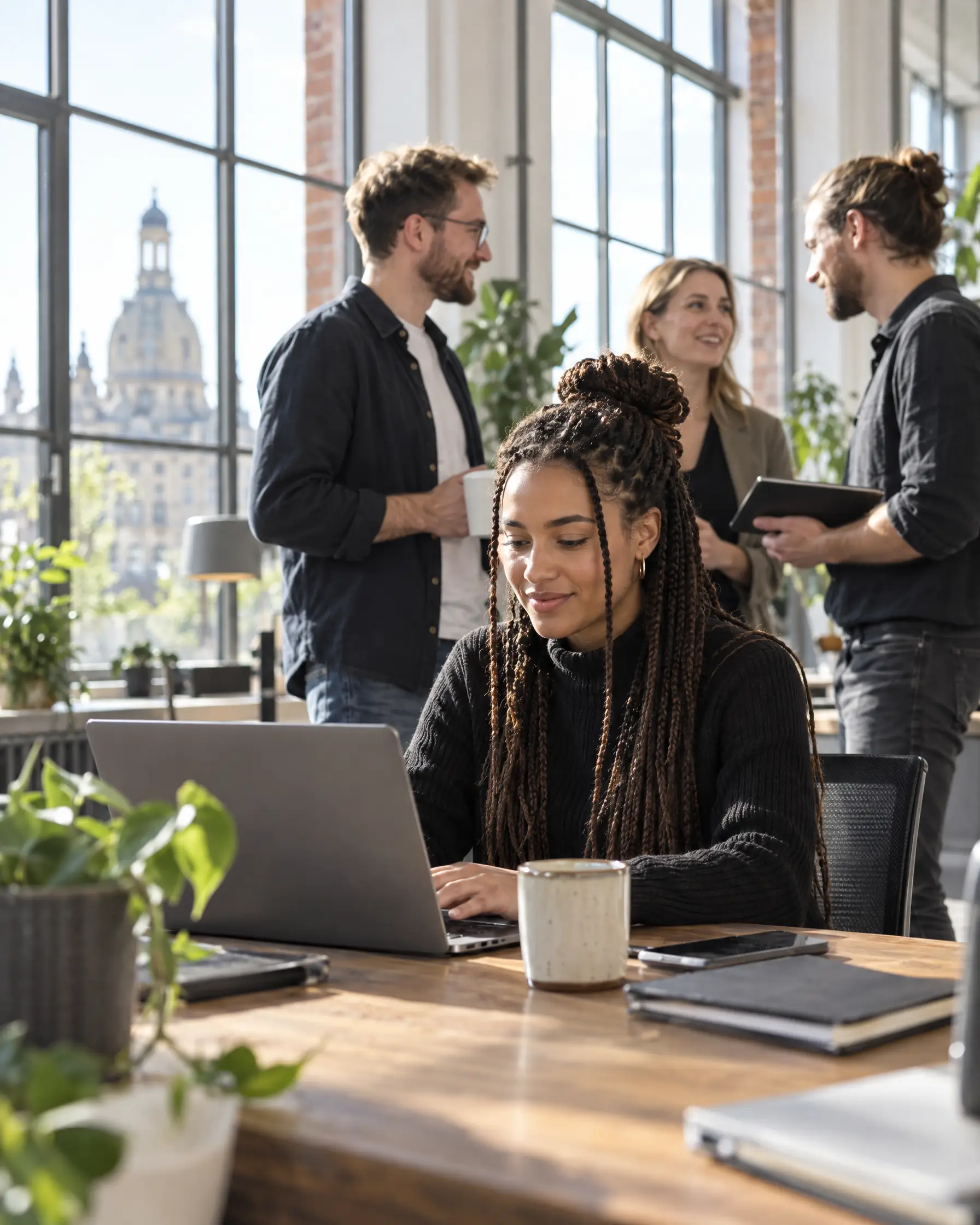 Team bei der Arbeit in einem hellen Büro mit Blick auf die Dresdner Altstadt