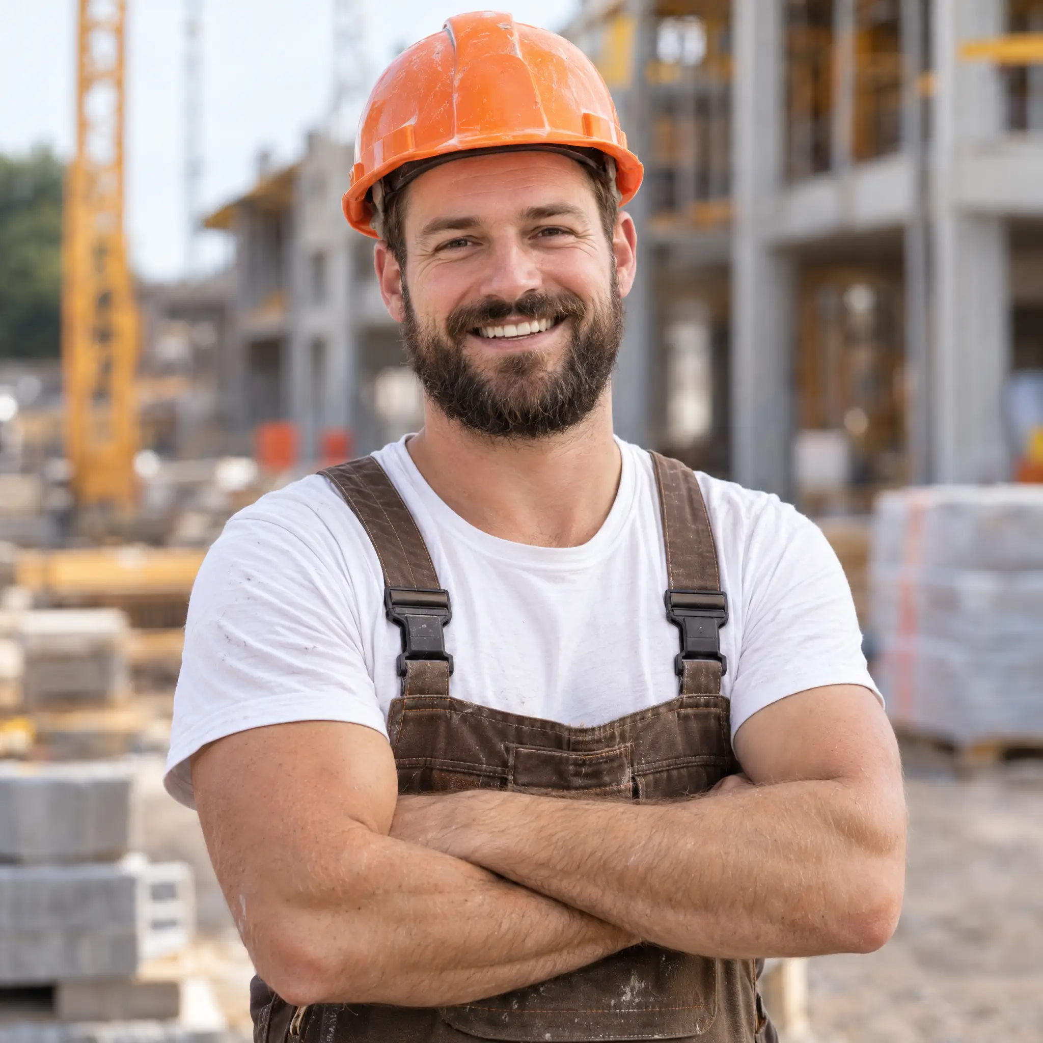 Lächelnder Bauarbeiter mit Helm auf einer Baustelle