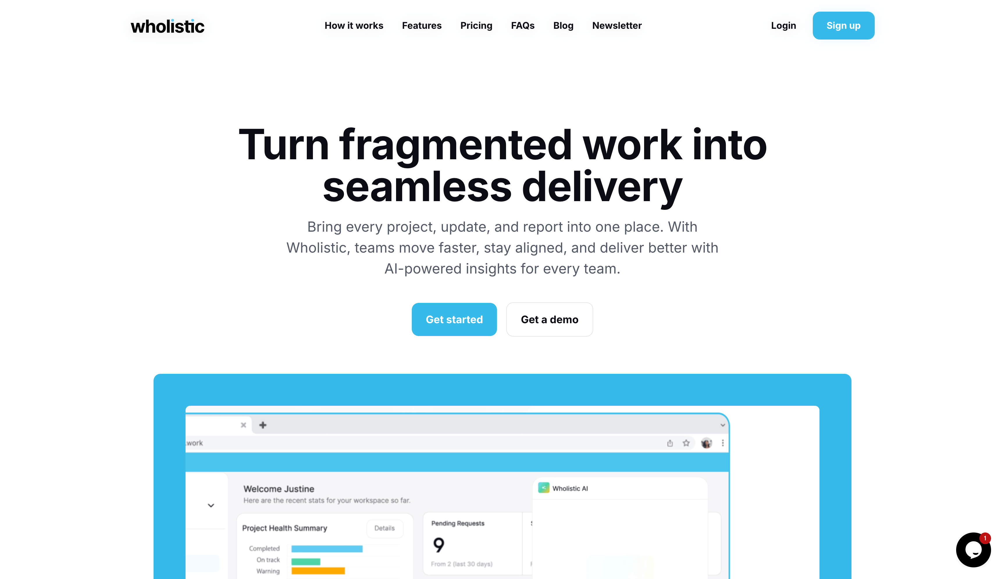 Website homepage with headline about seamless delivery and buttons to get started or demo.