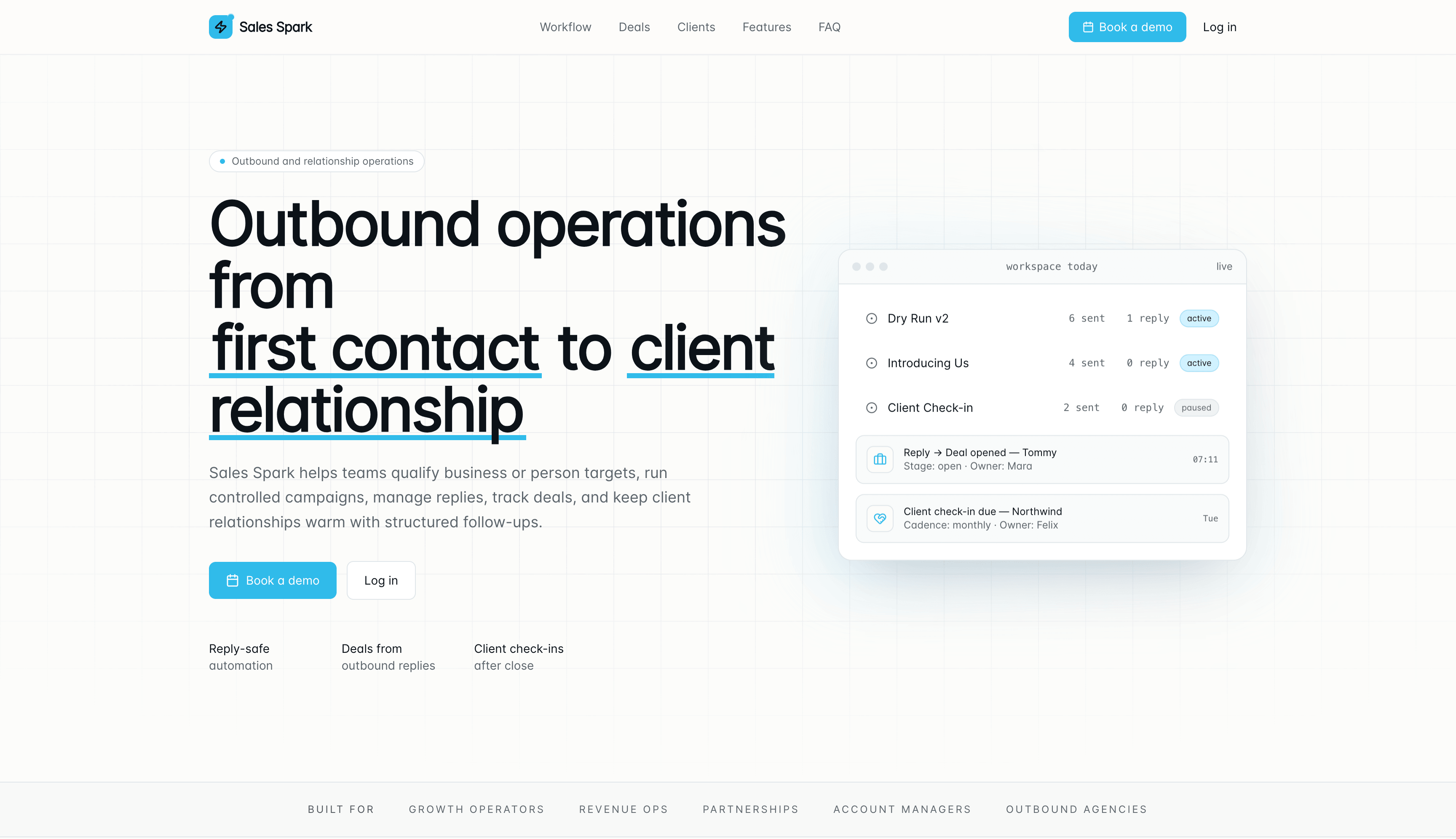 Sales Spark webpage showing outbound sales operations and client relationship management tools.
