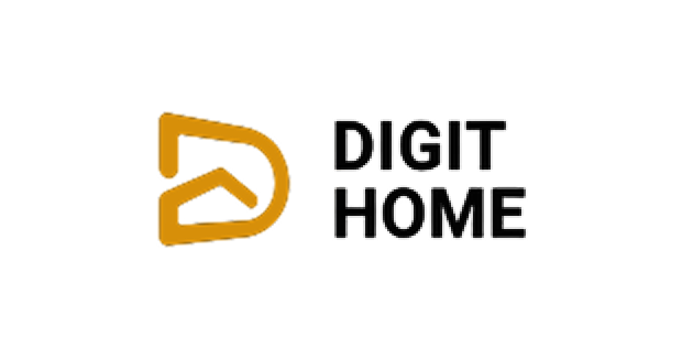 Digit Home logo with stylized letter D and house icon in orange on black background.