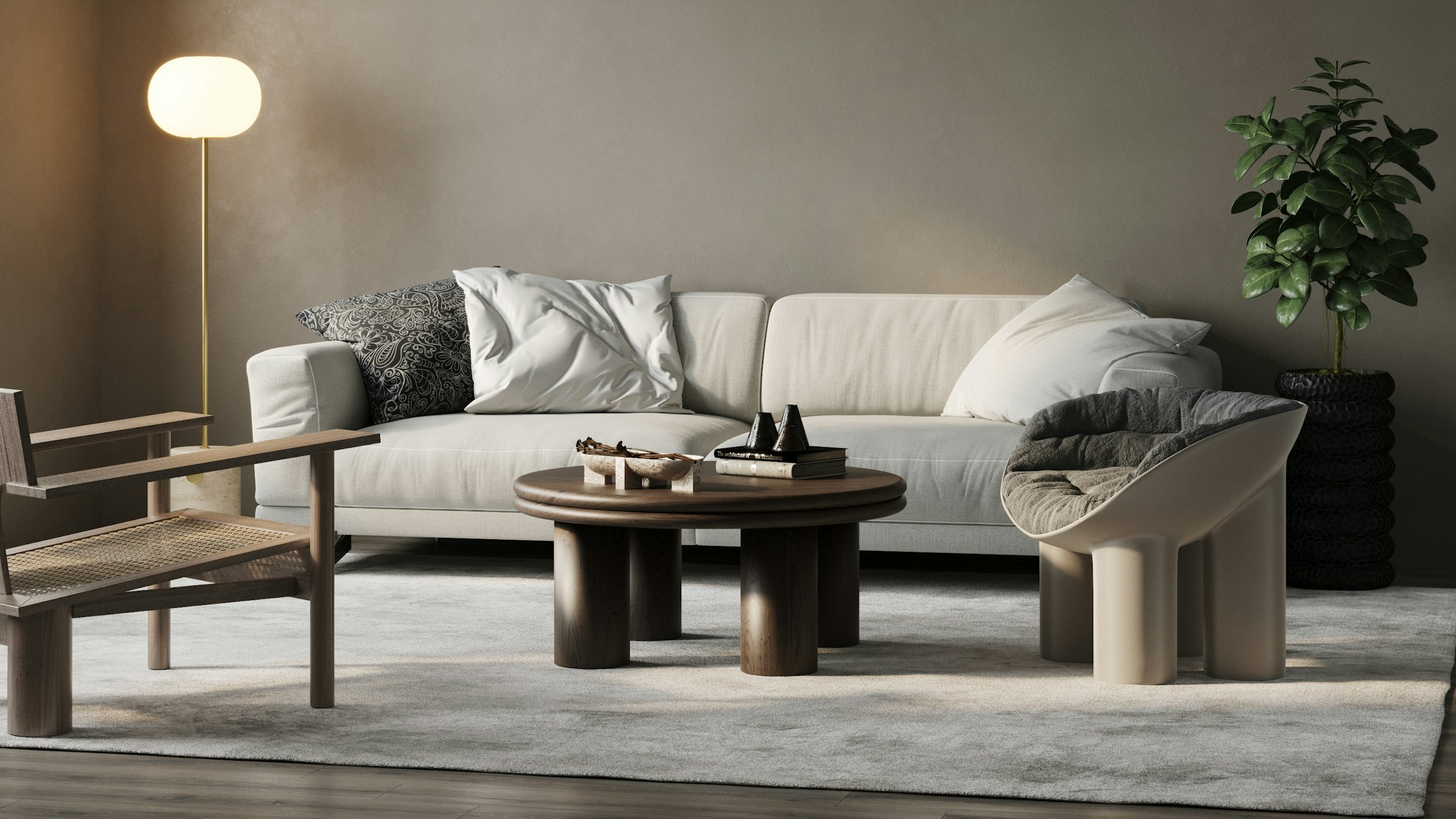 A modern living room with a sofa, lounge chair and low wooden table