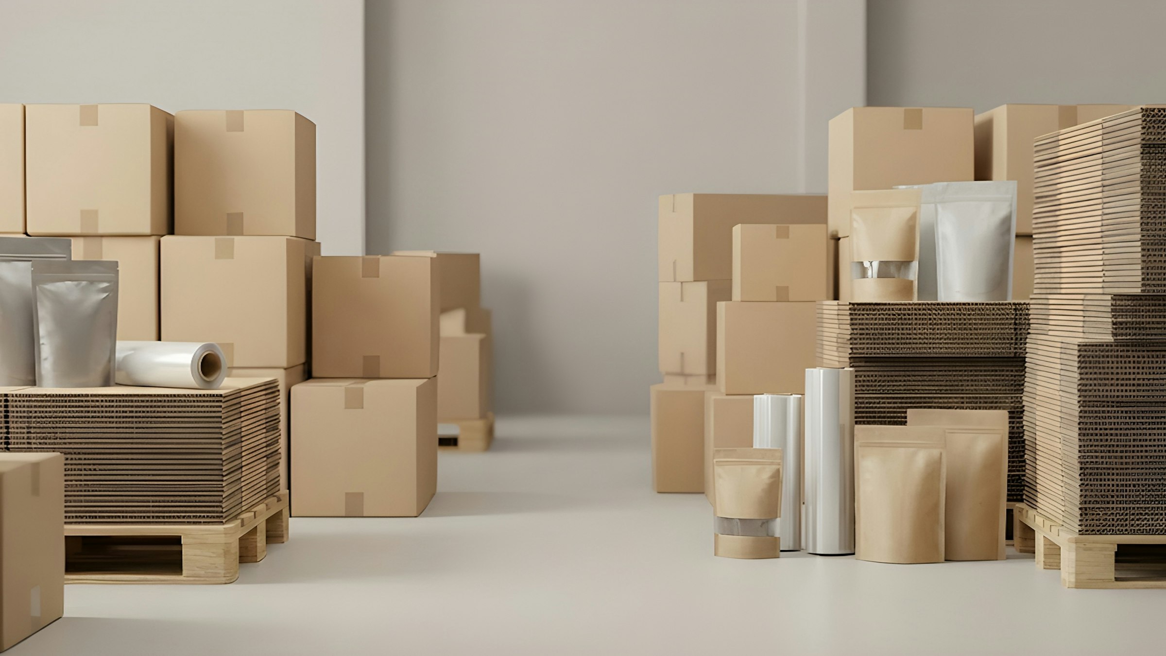 Cardboard boxes and packaging supplies in a warehouse