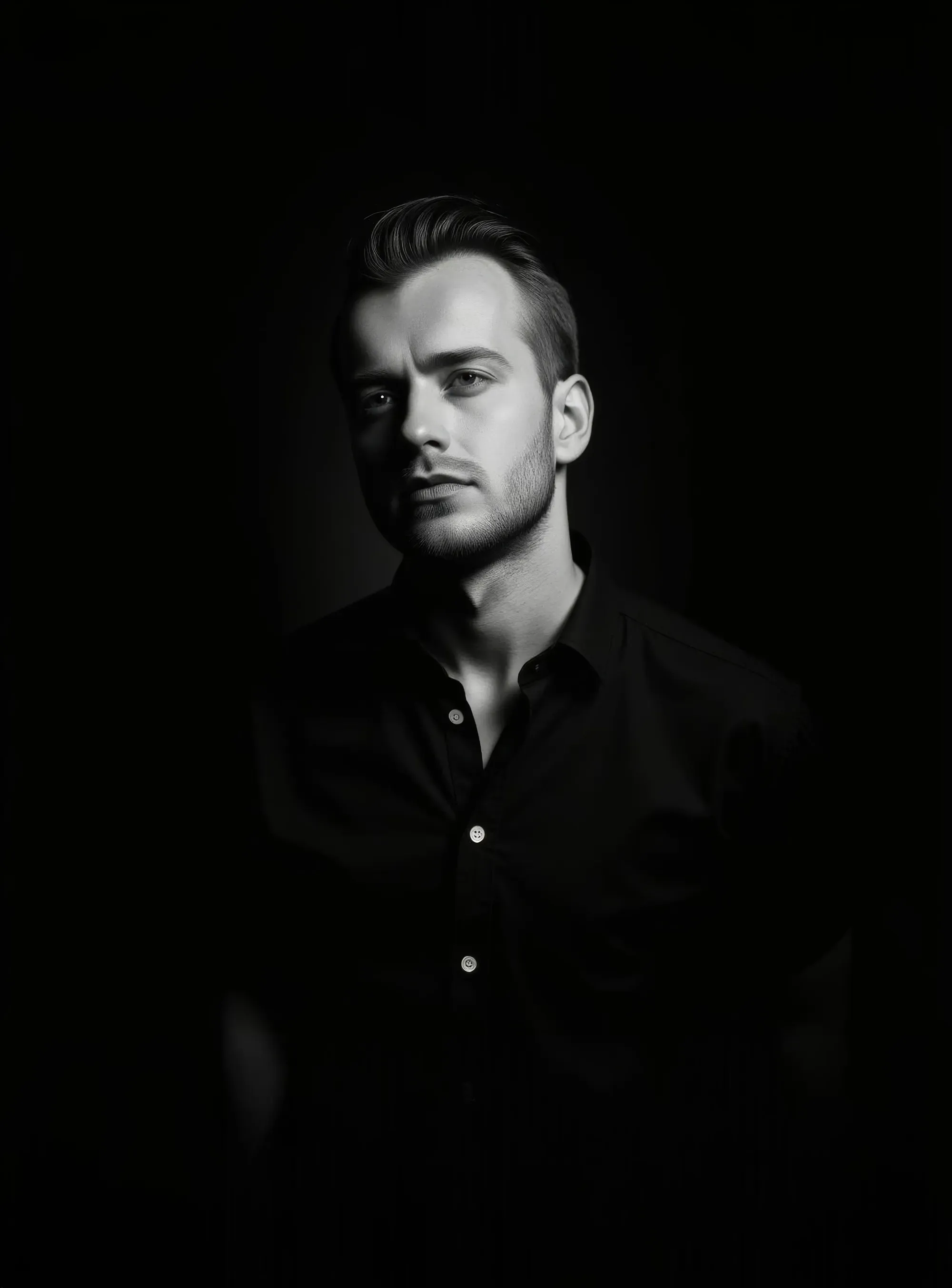 Valev Laube, black and white studio portrait
