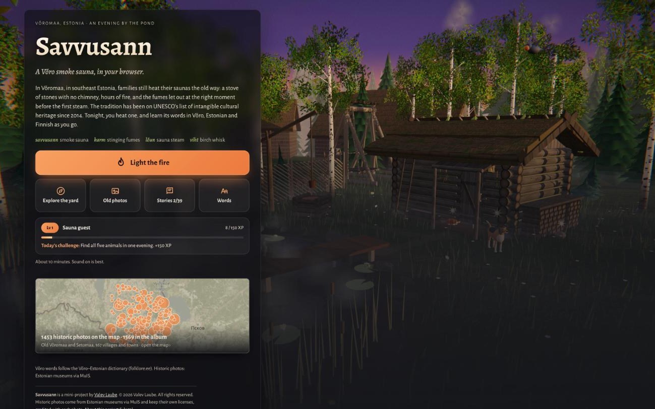 Savvusann start screen: the sauna yard by the pond at dusk