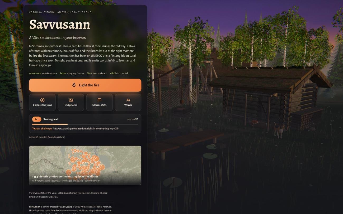 Savvusann start screen: the sauna yard by the pond at dusk