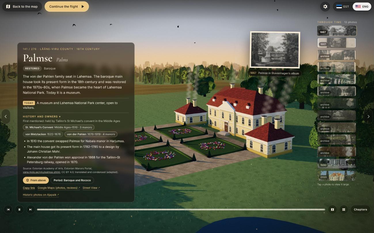 Palmse manor in 3D, with its history panel and archive photos through time