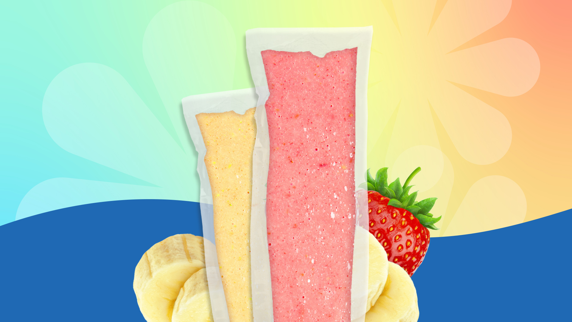 Pink and Yellow Protein Shake Popsicles with Bananas and Strawberries on a Rainbow Background