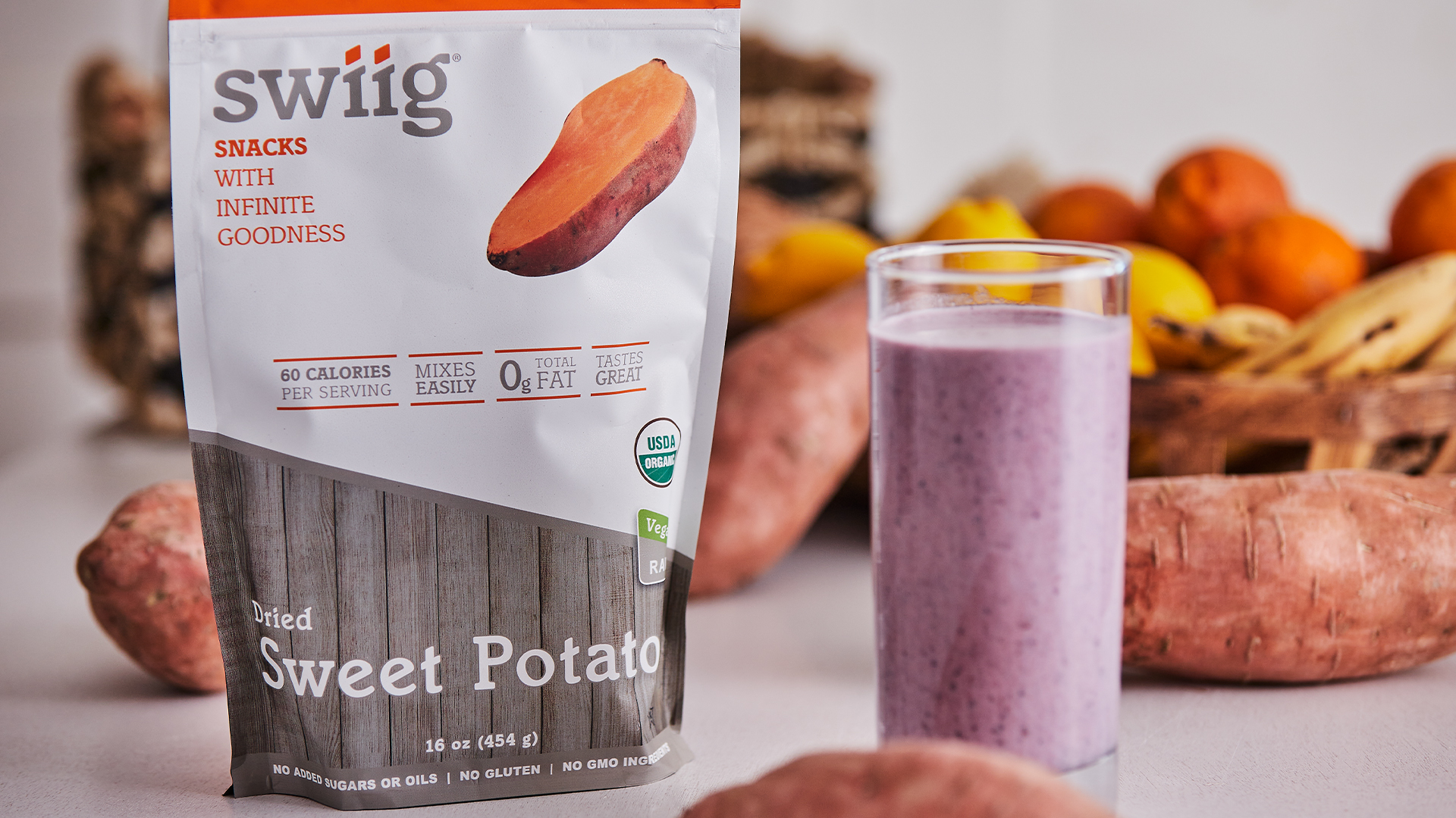 swiig freeze-dried Sweet Potato next to purple shake