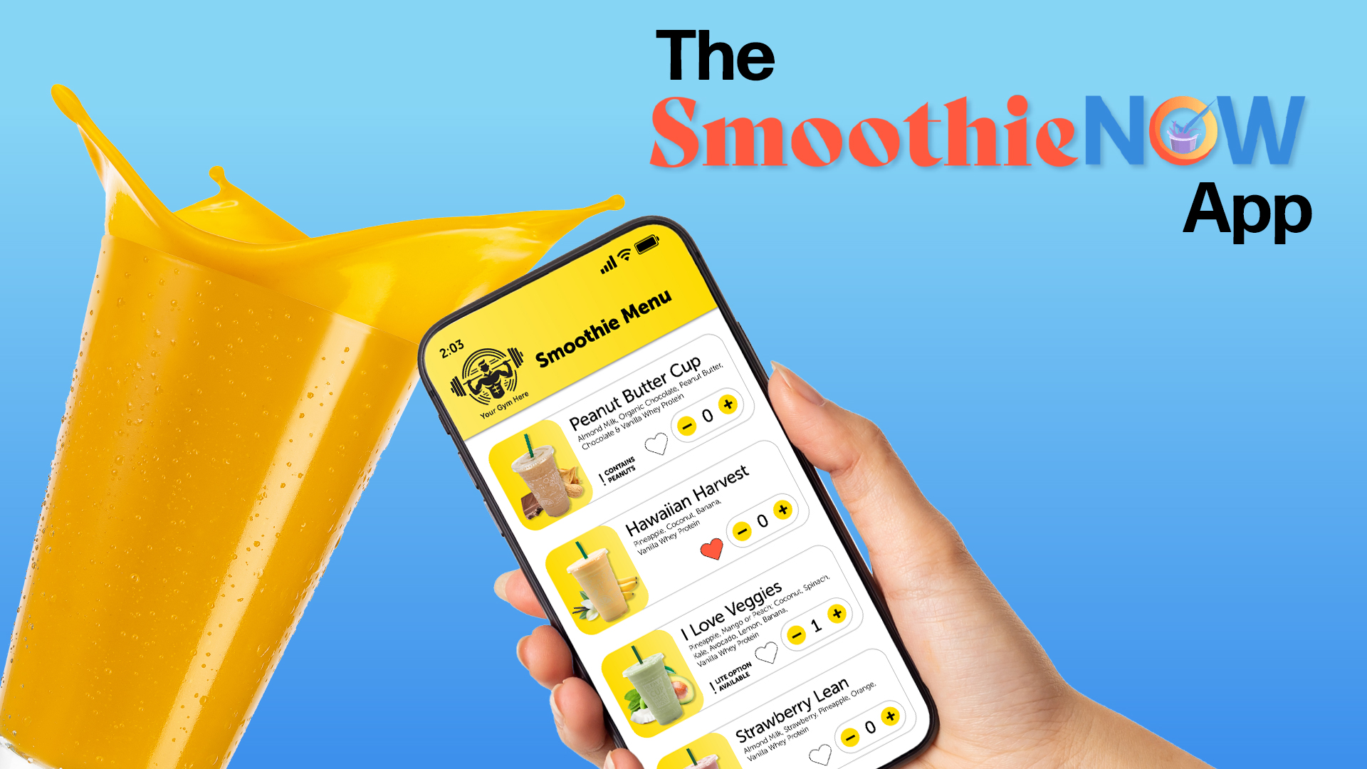 Orange smoothie splashing on left hand side and hand holding phone featuring the SmoothieNow App on right hand side against gradient blue background