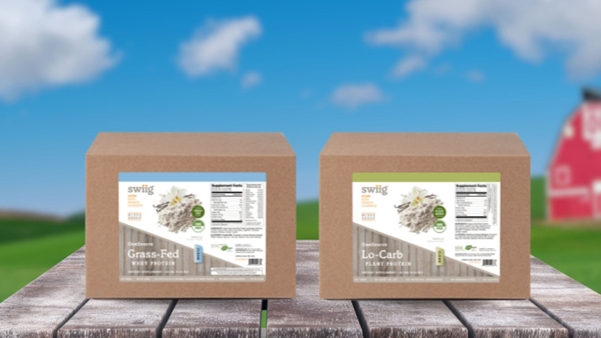 One Source Whey and Plant Protein 10lb boxes on gray wooden table with farm in background
