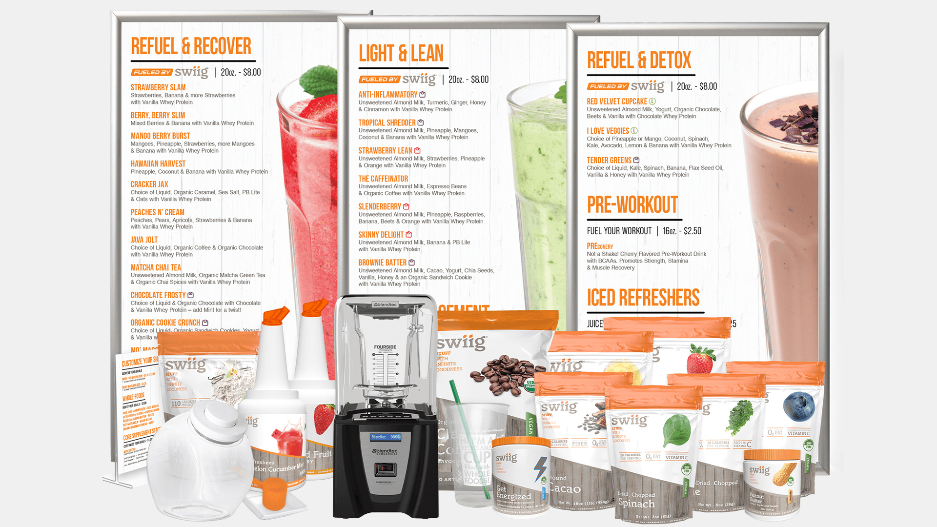 Performance Food Centers Gold Package featuring two 26x46 Menus, one 22x28 Menu, a variety of freeze-dried fruits and vegetables, whey protein and a blender against a grey background