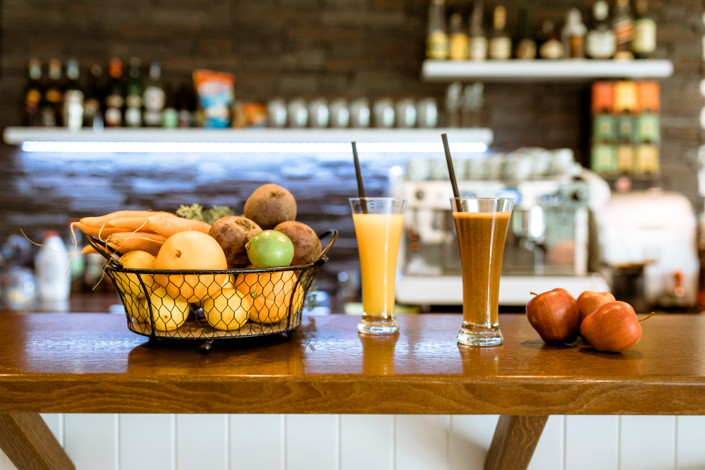 juice bar with fruit and vegetables