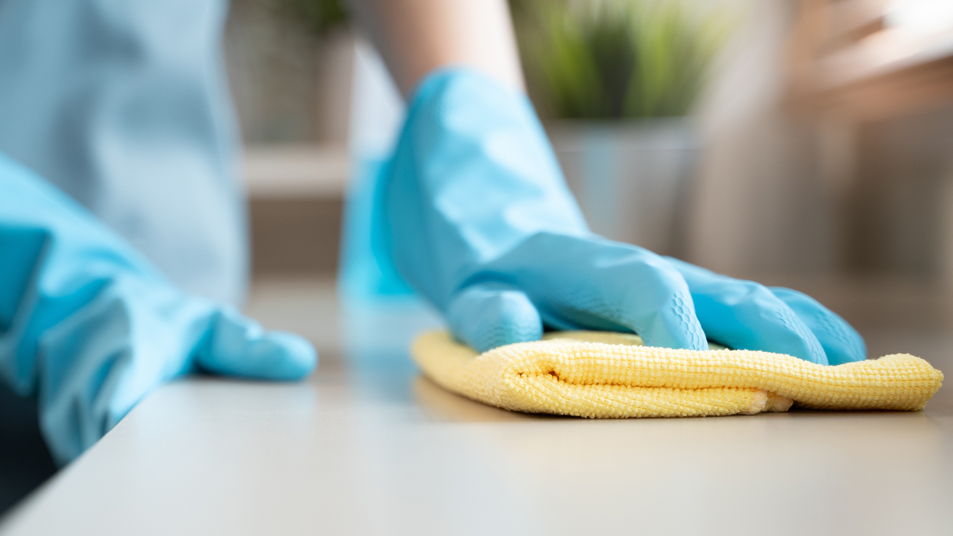 person cleaning counter top with yellow towel and blue rubber gloves on