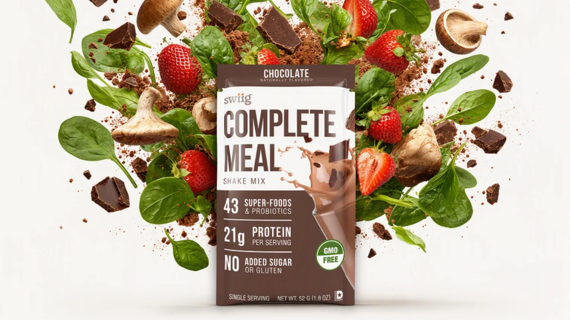Chocolate Complete Meal Packet with Superfoods and ingredients such as mushrooms, spinach, strawberries and chocolate floating behind it
