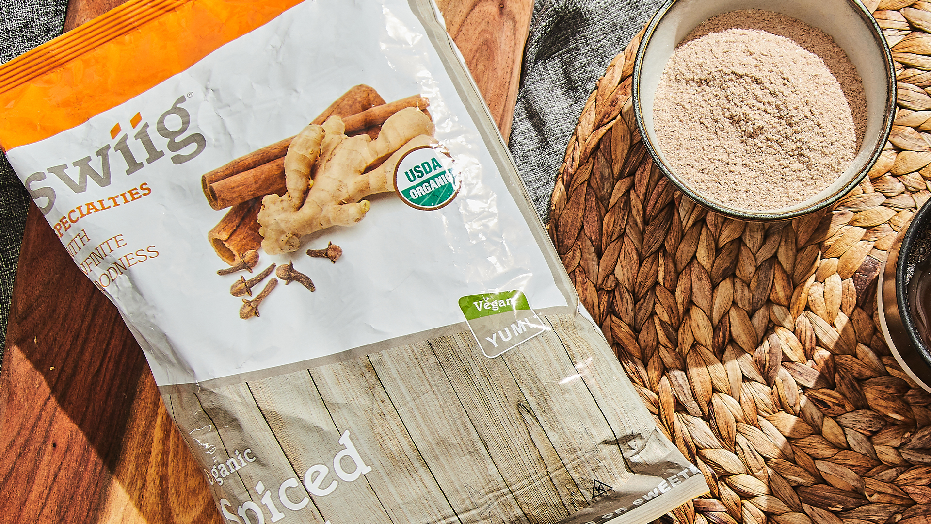 swiig Flavor Fusions Spiced Chai bag on a wooden cutting board
