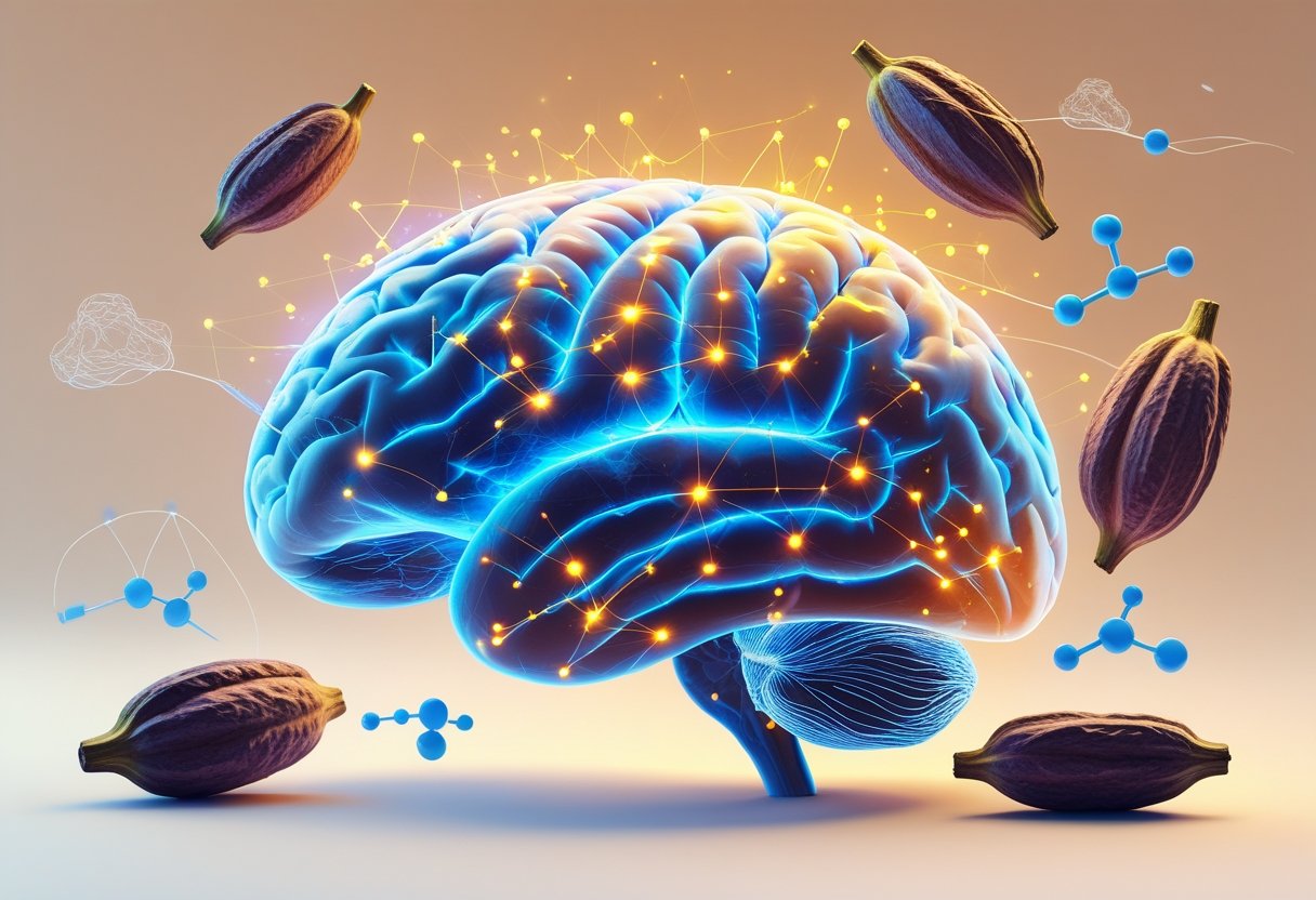 A human brain illuminated with glowing neural connections surrounded by cacao pods and beans, symbolizing cacao's positive effect on brain health.