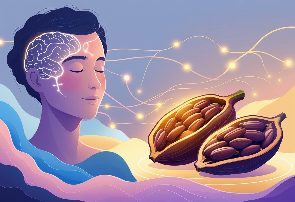 A calm person surrounded by glowing brain pathways connected to a glowing cacao pod, symbolizing the positive effects of cacao on mental health and cognition.
