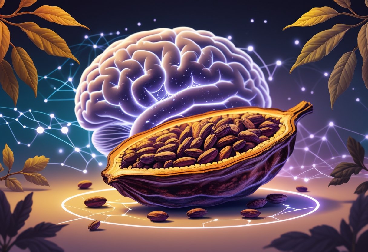 An illustration showing an open cacao pod with beans, glowing neural connections, and a human brain silhouette surrounded by cacao leaves.