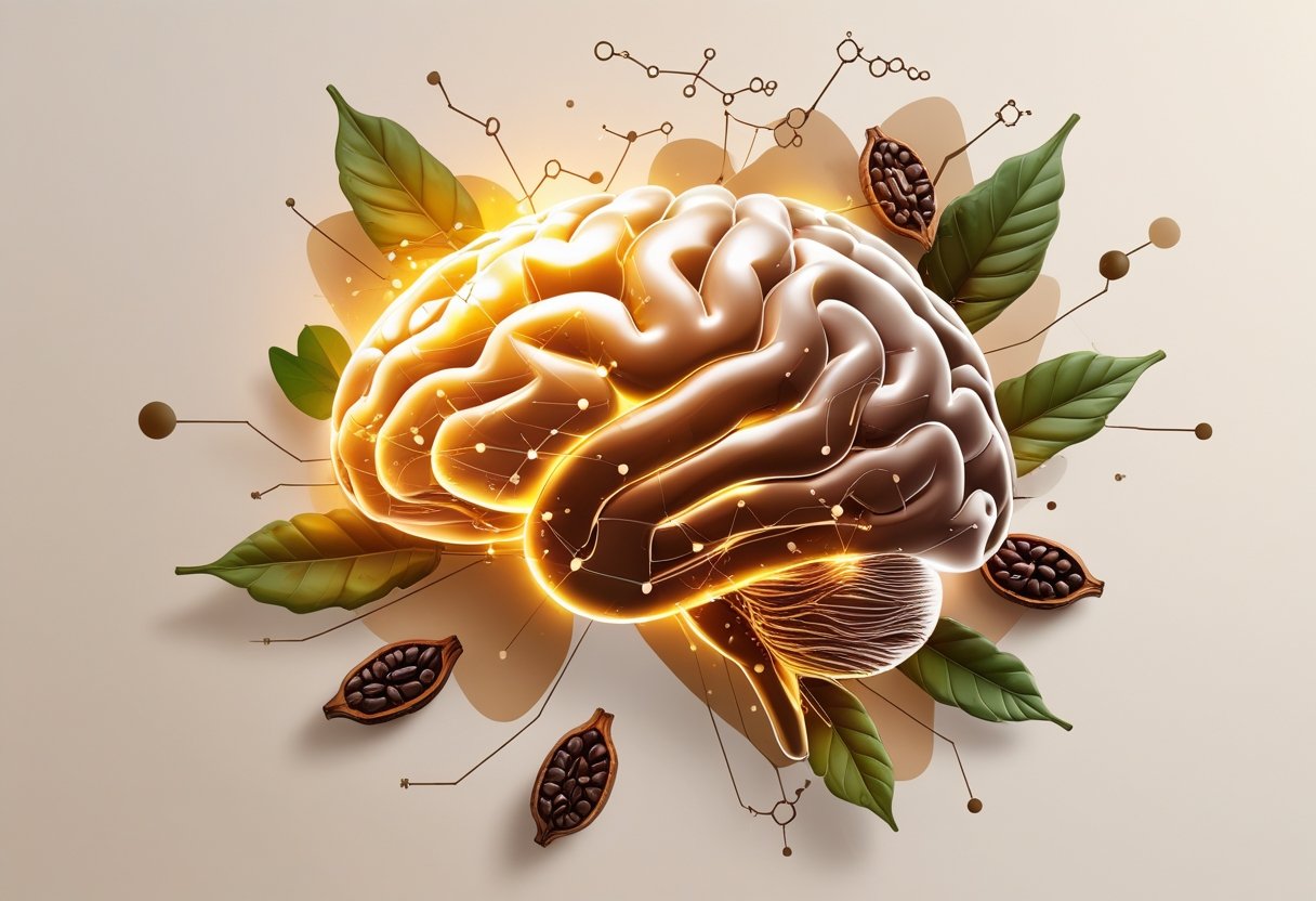 An illustration showing a glowing human brain surrounded by cacao pods, beans, leaves, and floating molecular structures symbolizing brain-boosting compounds.
