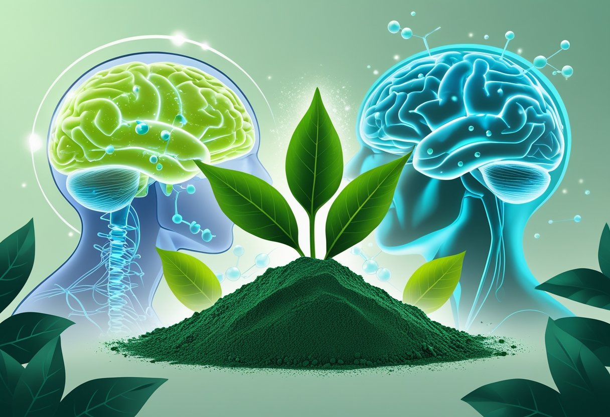 An illustration showing spirulina in the center with a glowing brain on one side and a healthy human body silhouette on the other, surrounded by natural elements like leaves and water droplets.