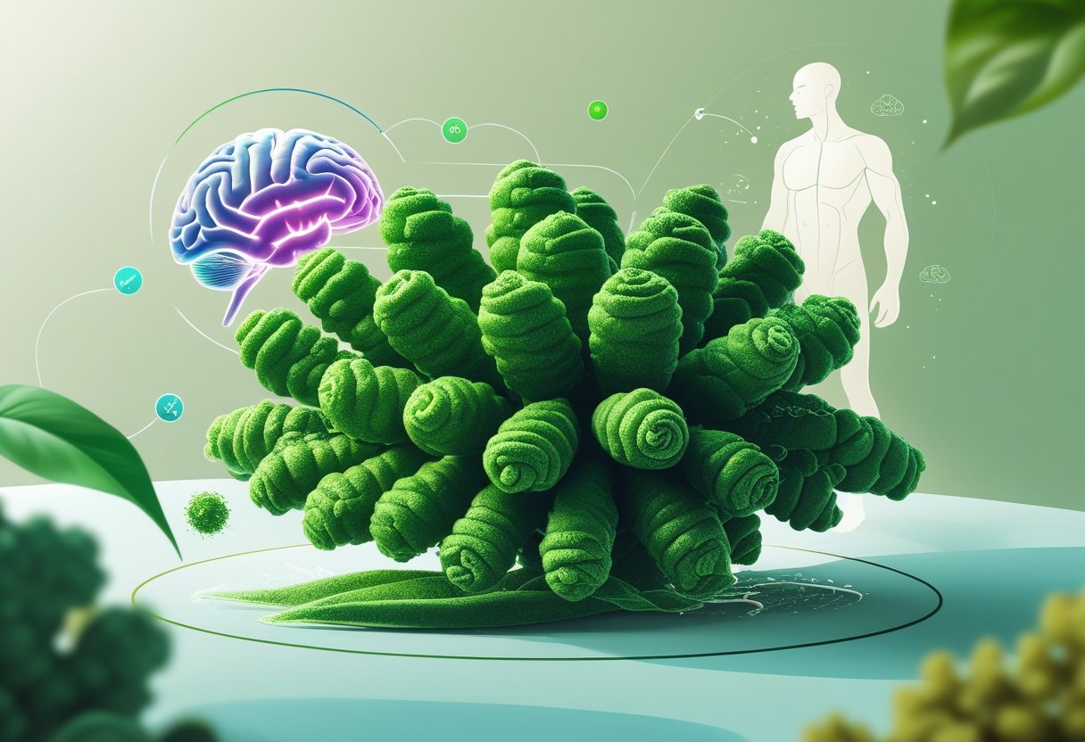 Illustration of fresh spirulina algae surrounded by symbolic representations of a brain and a human body, highlighting health and vitality.