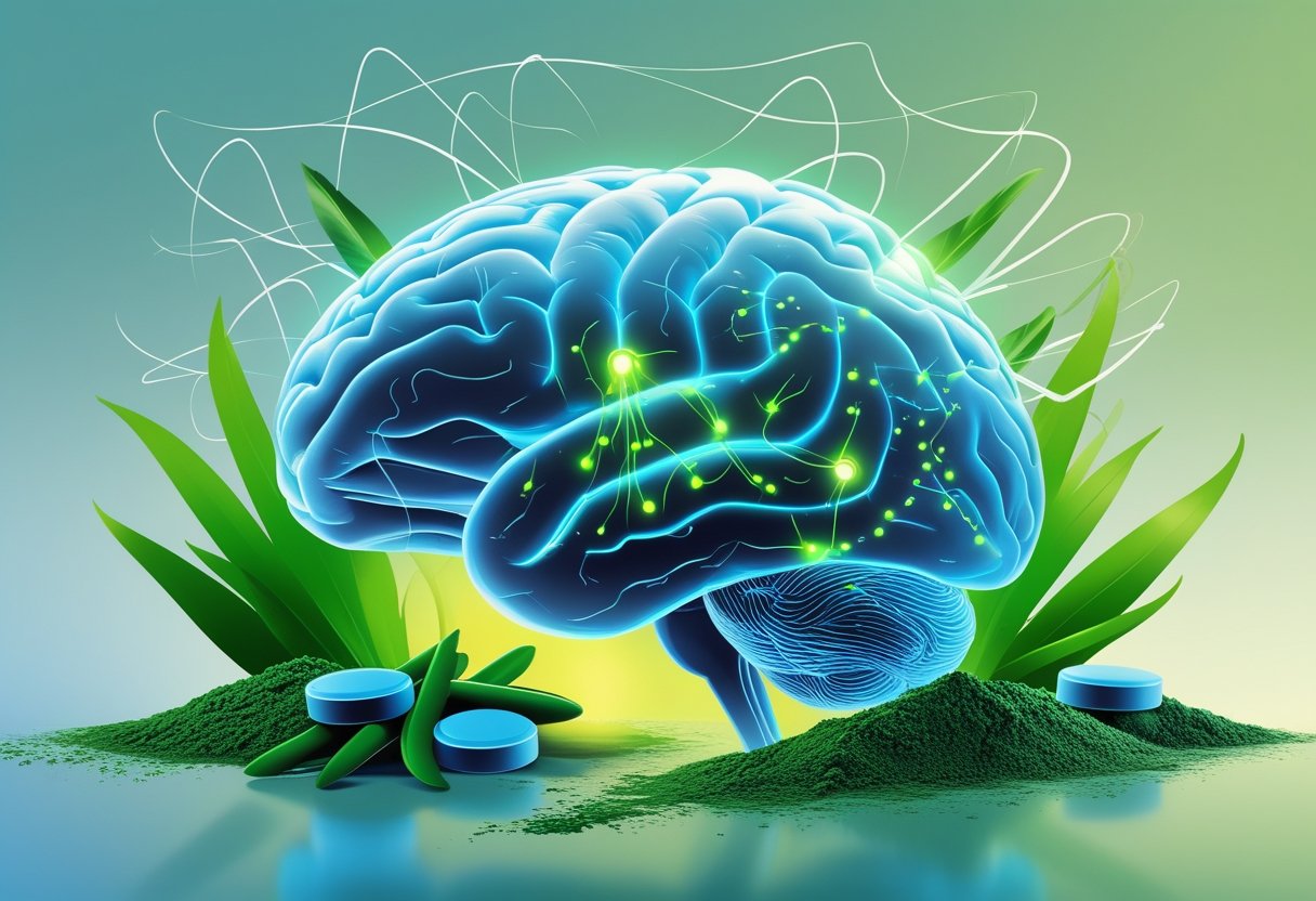 Illustration showing a glowing human brain surrounded by spirulina elements and a translucent human body silhouette, symbolizing brain and body health benefits.