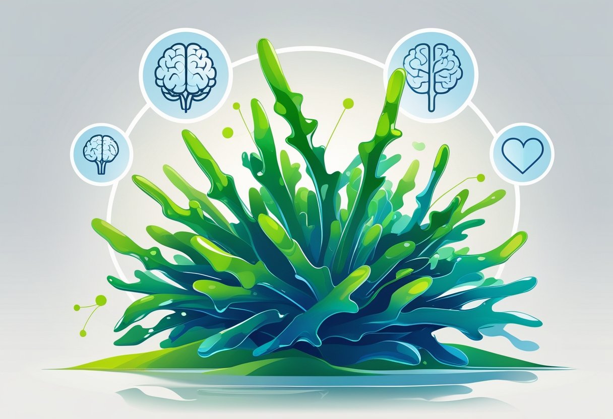 An illustration of spirulina algae surrounded by symbols representing brain health and physical wellness.